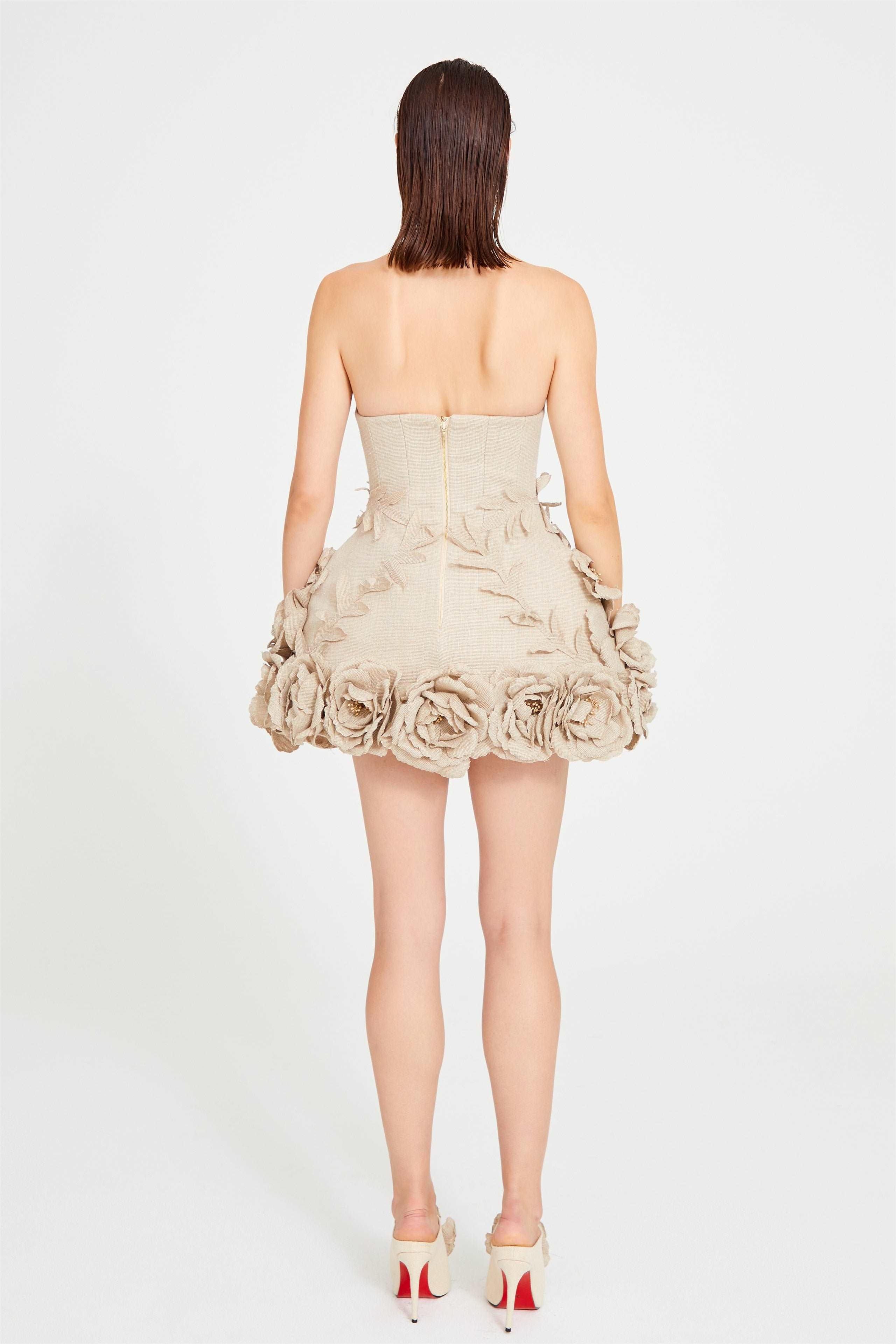 3D Flower Linen Strapless Corset Mini Dress