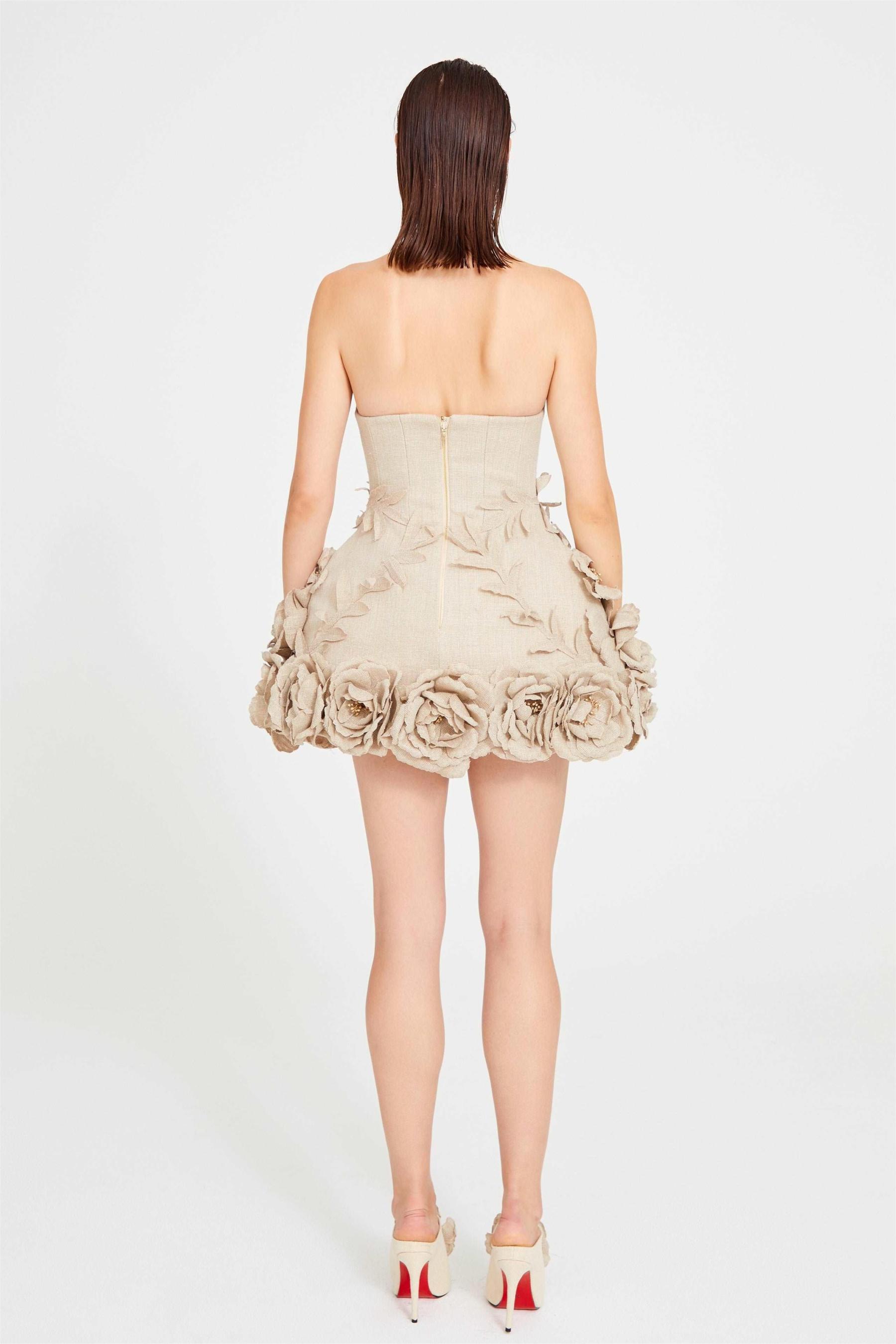 3D Flower Linen Strapless Corset Mini Dress