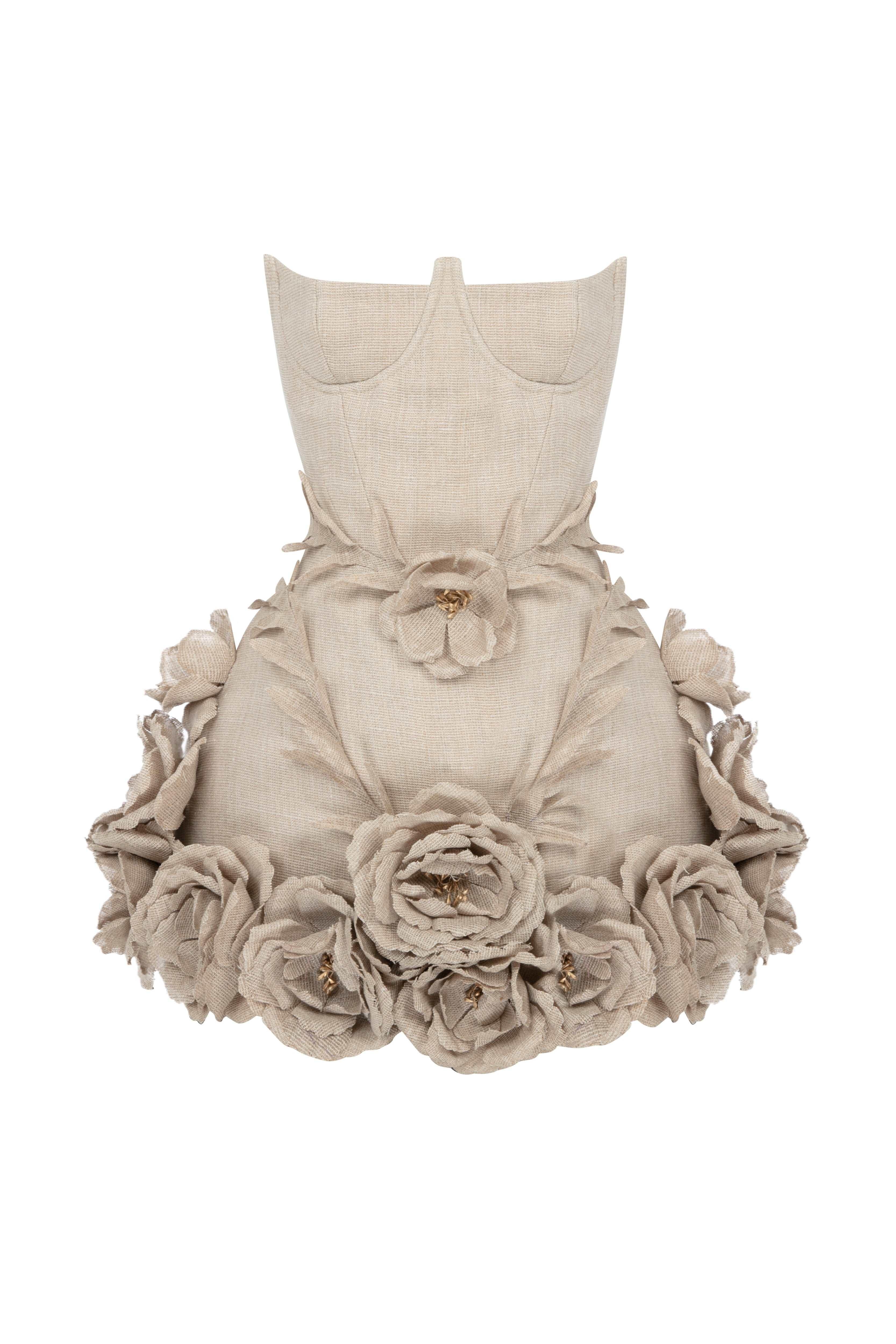 3D Flower Linen Strapless Corset Mini Dress