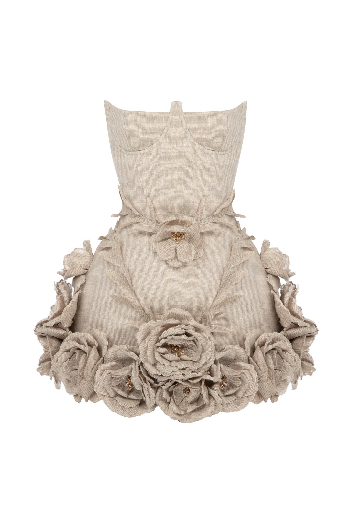 3D Flower Linen Strapless Corset Mini Dress