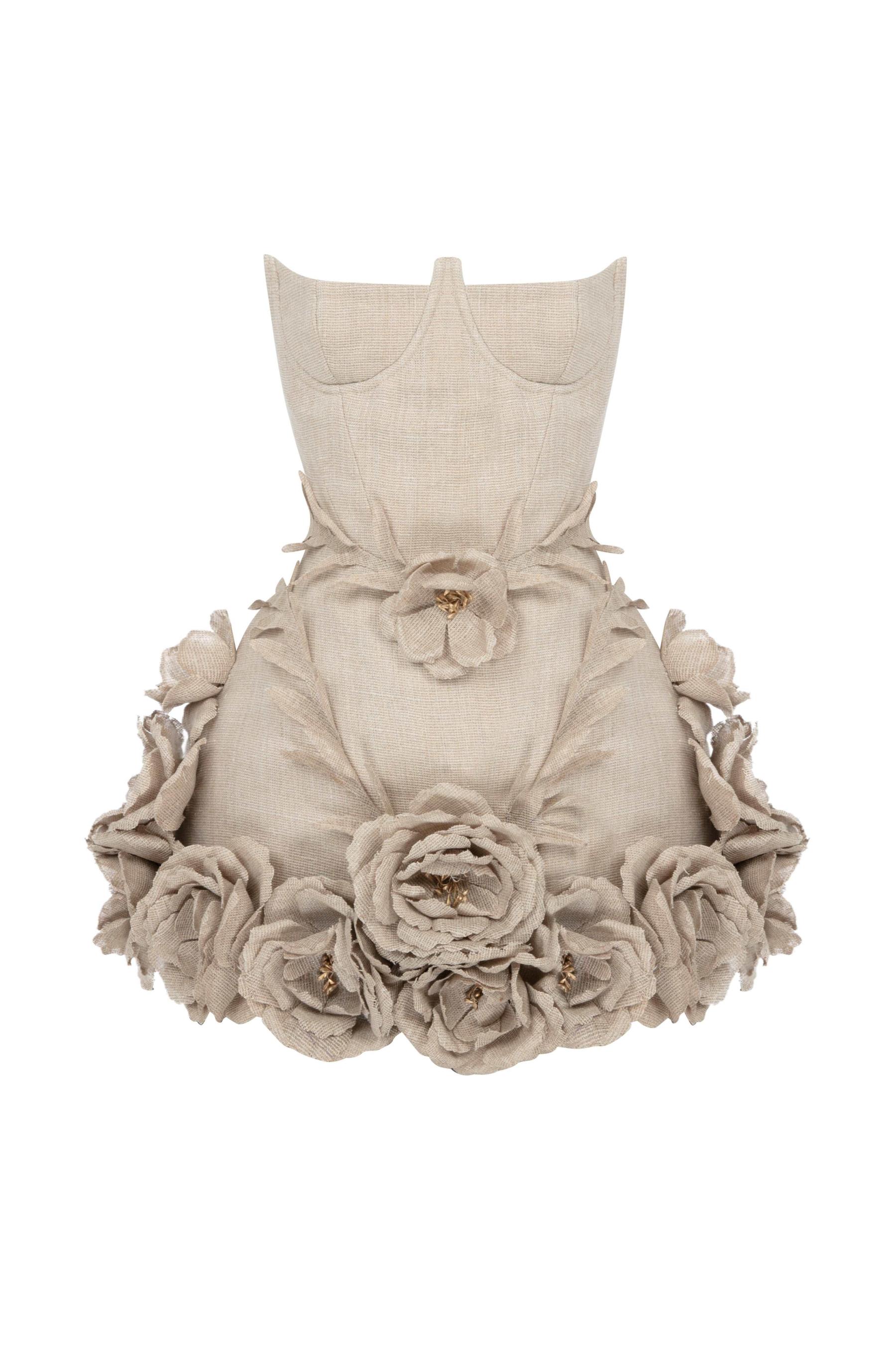 3D Flower Linen Strapless Corset Mini Dress