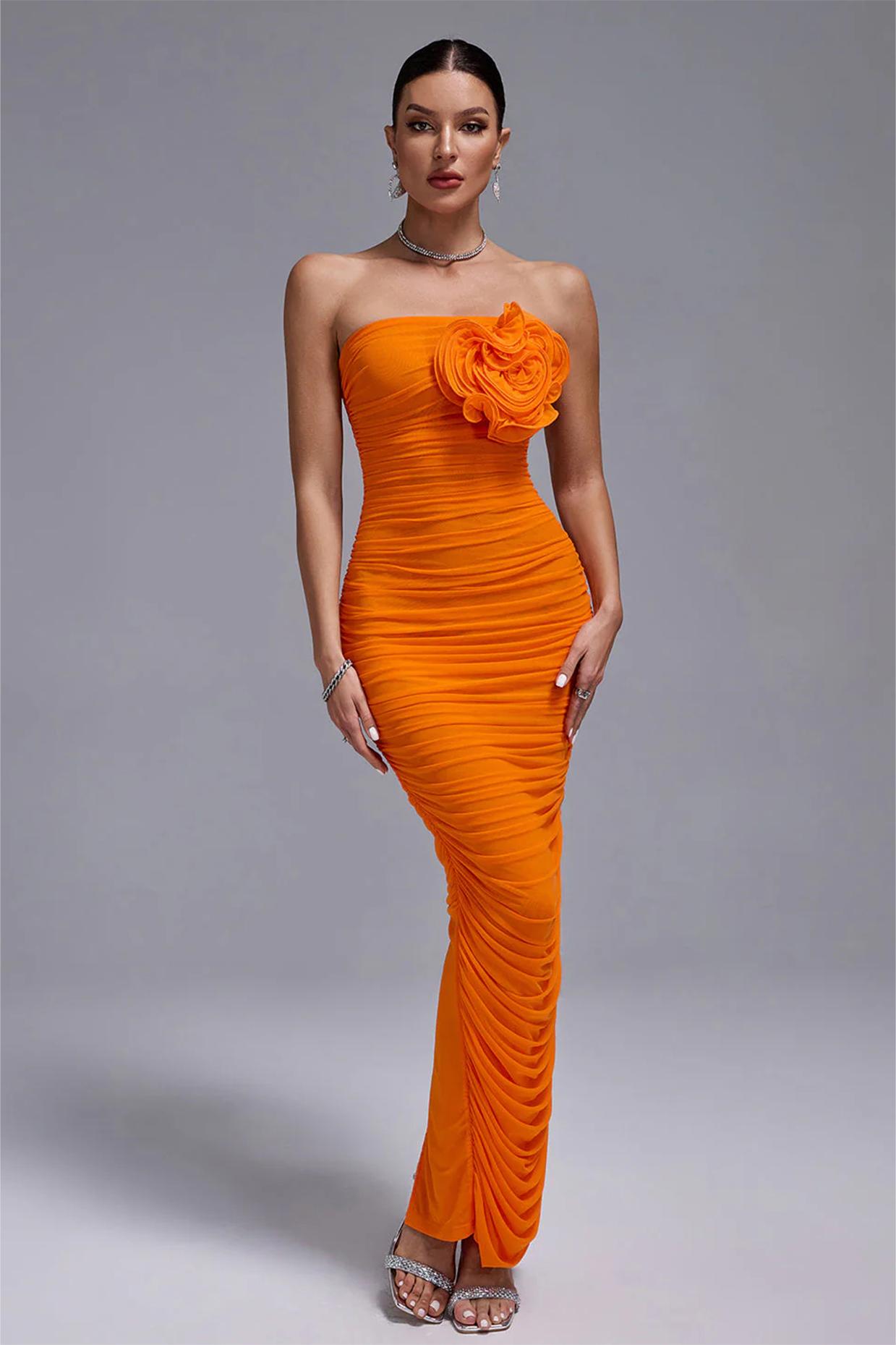 3D Flower Ruched Strapless Midi Dress