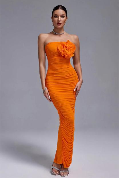 3D Flower Ruched Strapless Midi Dress