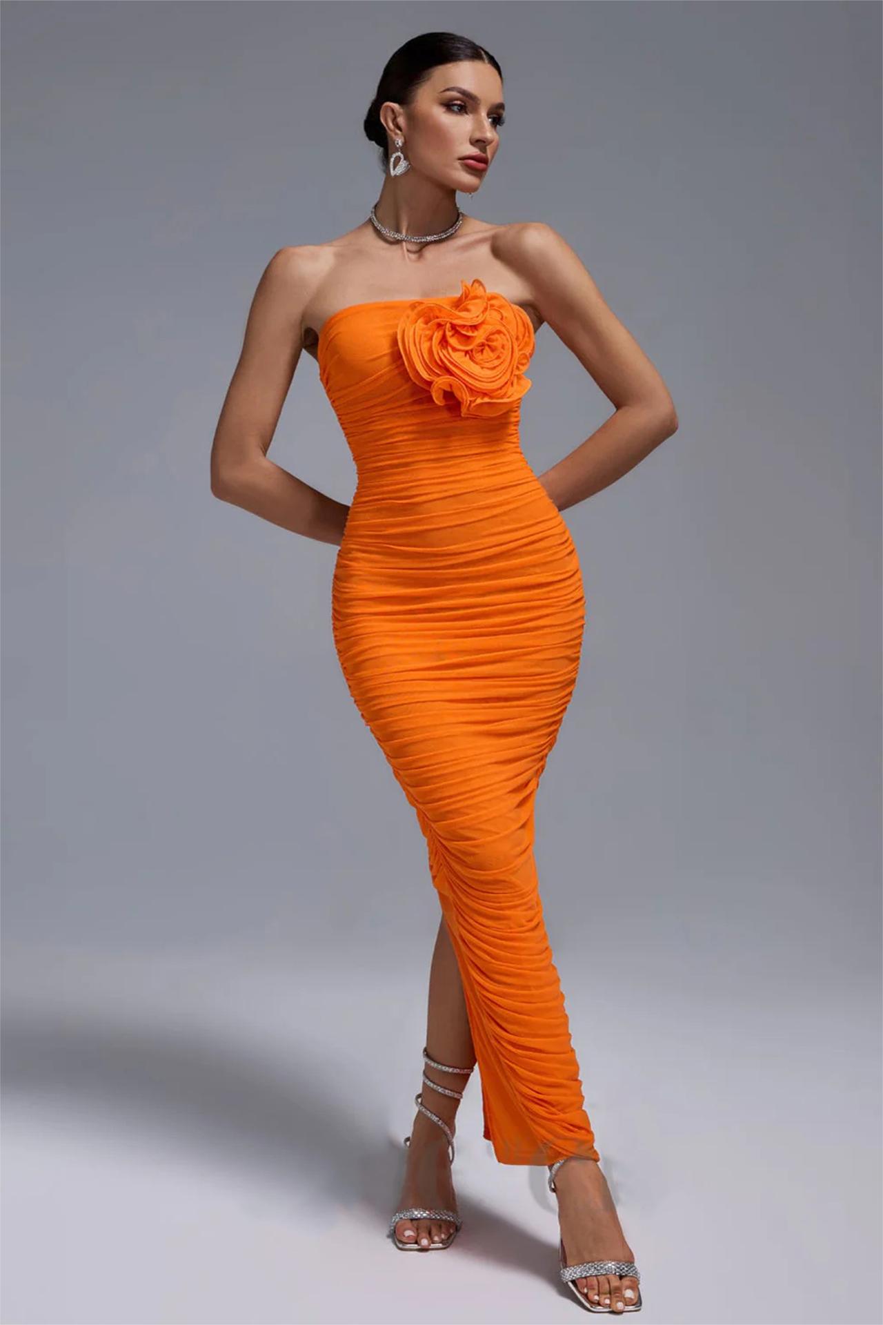 3D Flower Ruched Strapless Midi Dress