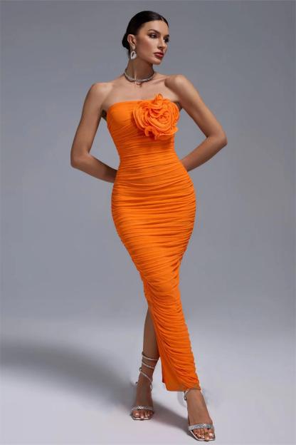 3D Flower Ruched Strapless Midi Dress