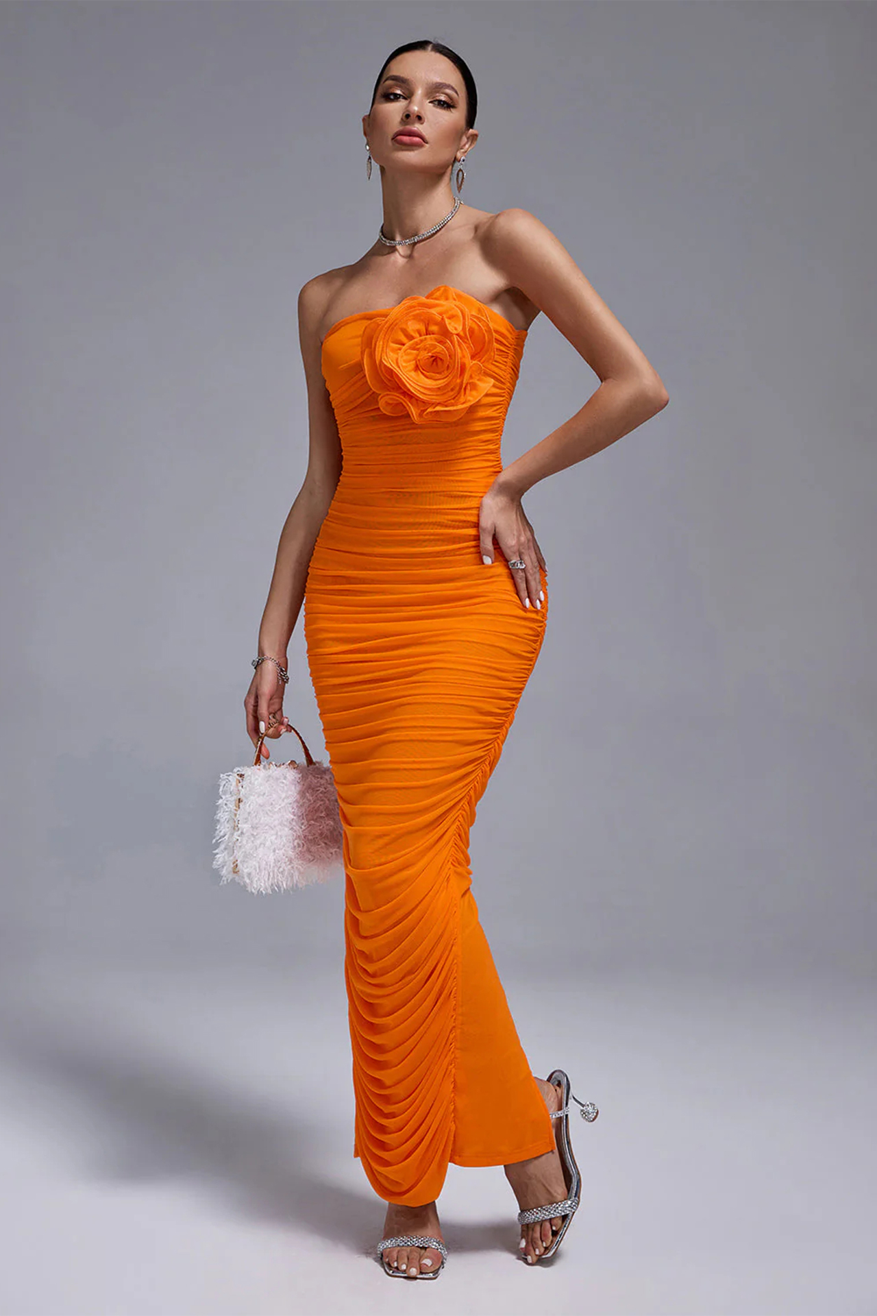 3D Flower Ruched Strapless Midi Dress