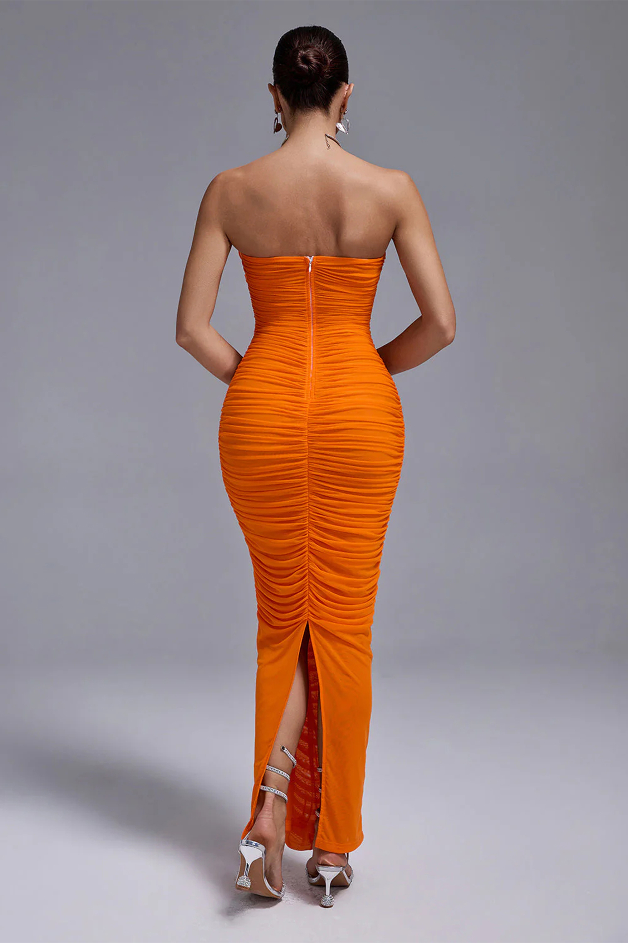 3D Flower Ruched Strapless Midi Dress