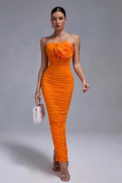 3D Flower Ruched Strapless Midi Dress