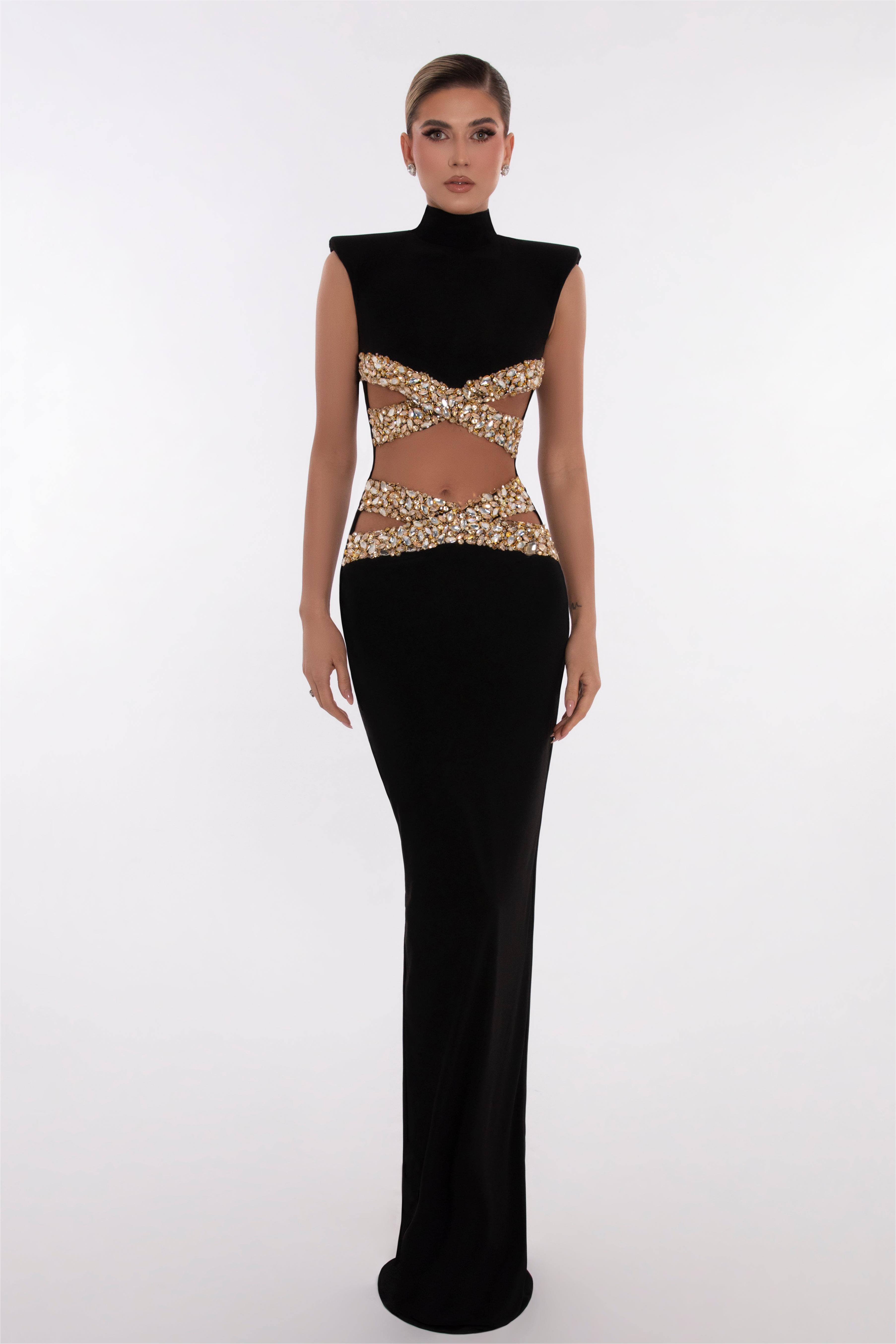 Rhinestone High Neck Sleeveless Midi Dress