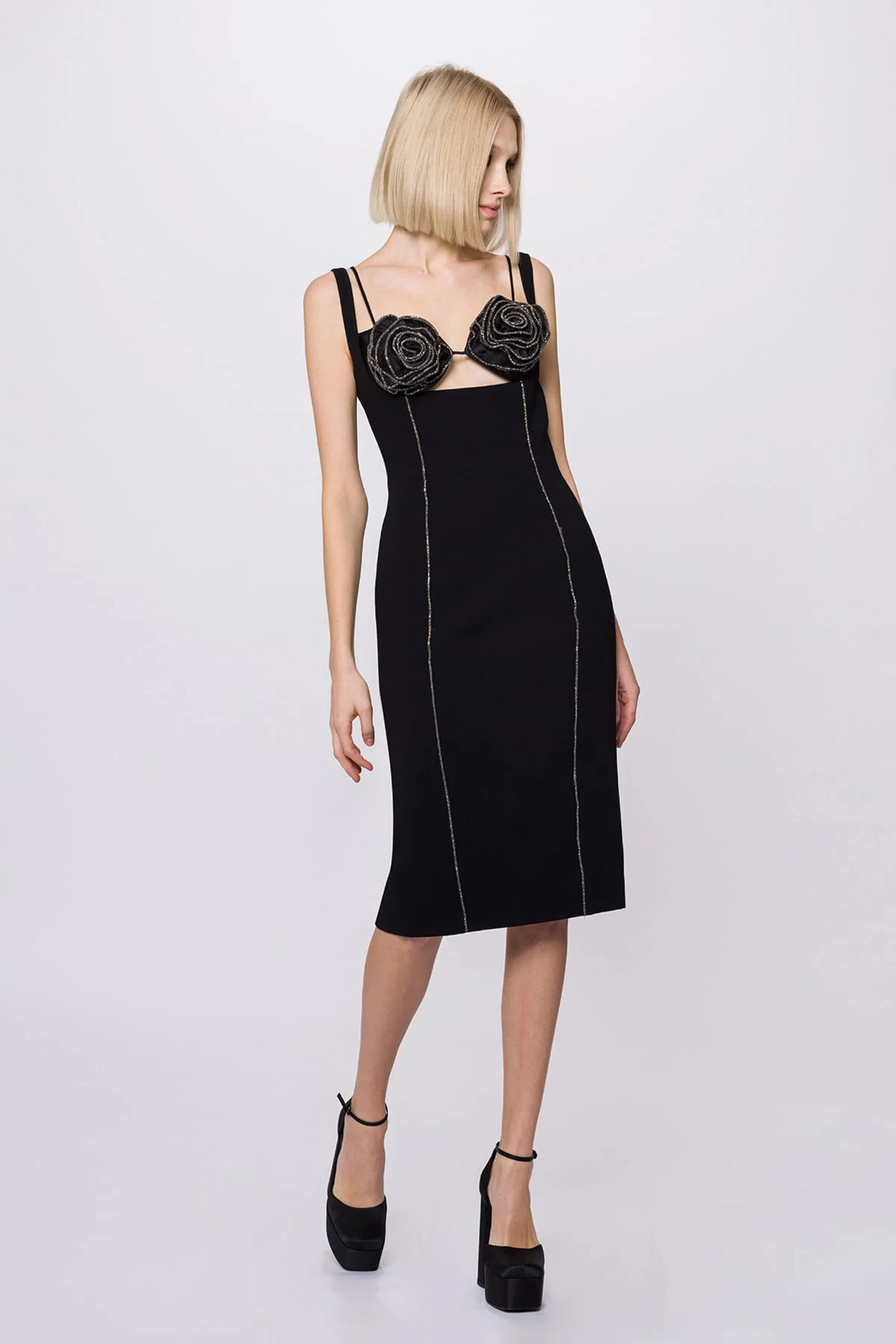 3D Flower Rhinestone Cut Out Midi Dress