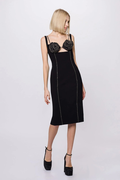 3D Flower Rhinestone Cut Out Midi Dress