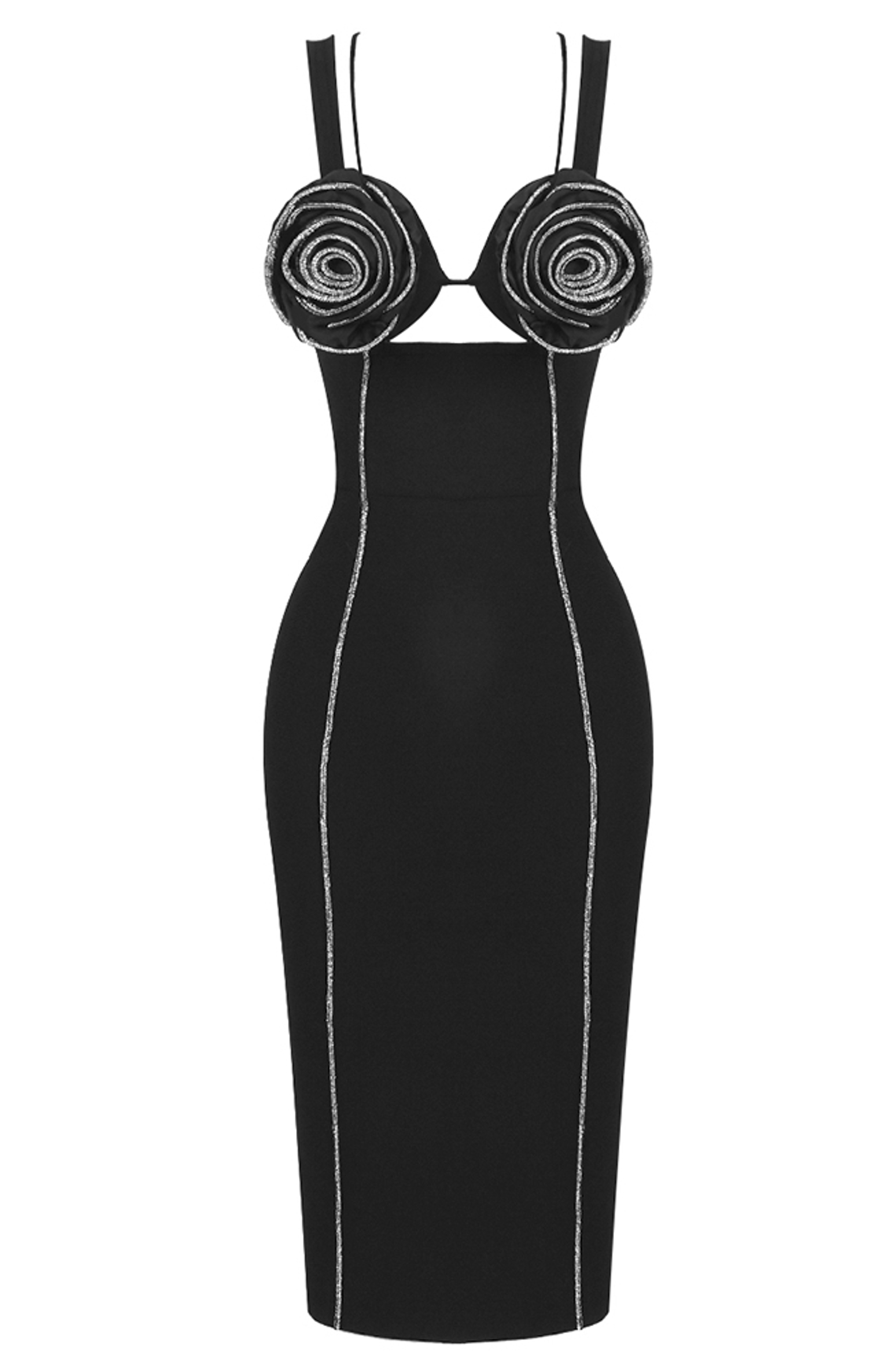 3D Flower Rhinestone Cut Out Midi Dress