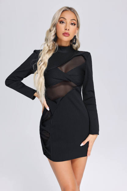 Kint Splicing Mesh Long Sleeve Mini Dress
