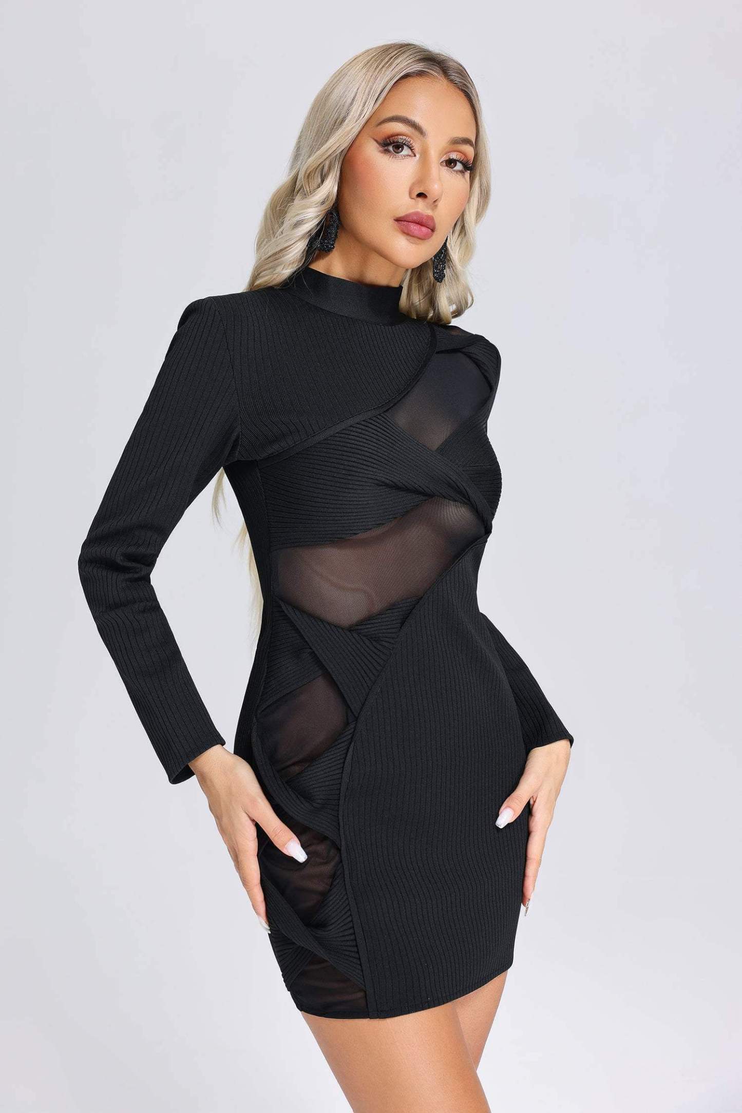 Kint Splicing Mesh Long Sleeve Mini Dress