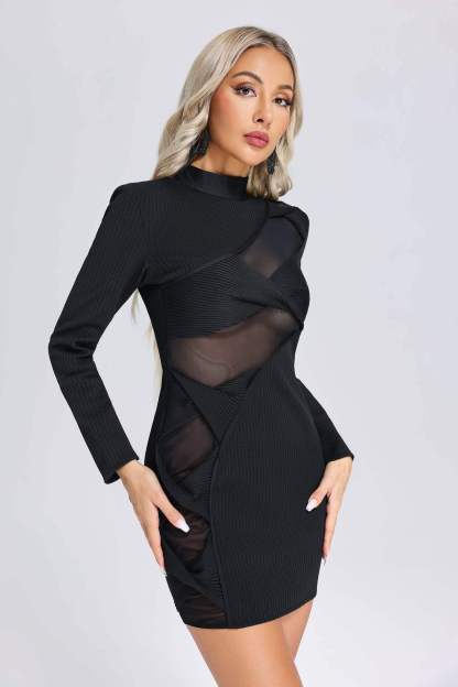 Kint Splicing Mesh Long Sleeve Mini Dress