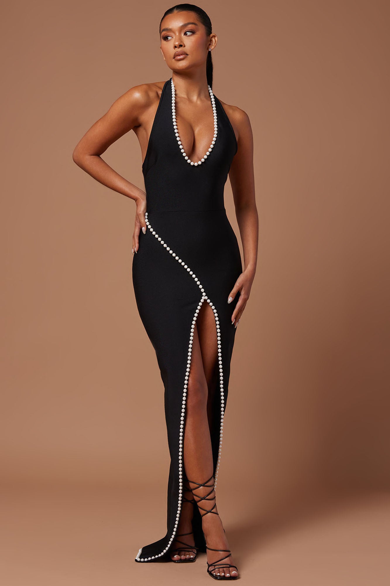 Faux Pearl Trim Halter Neck Split Midi Dress