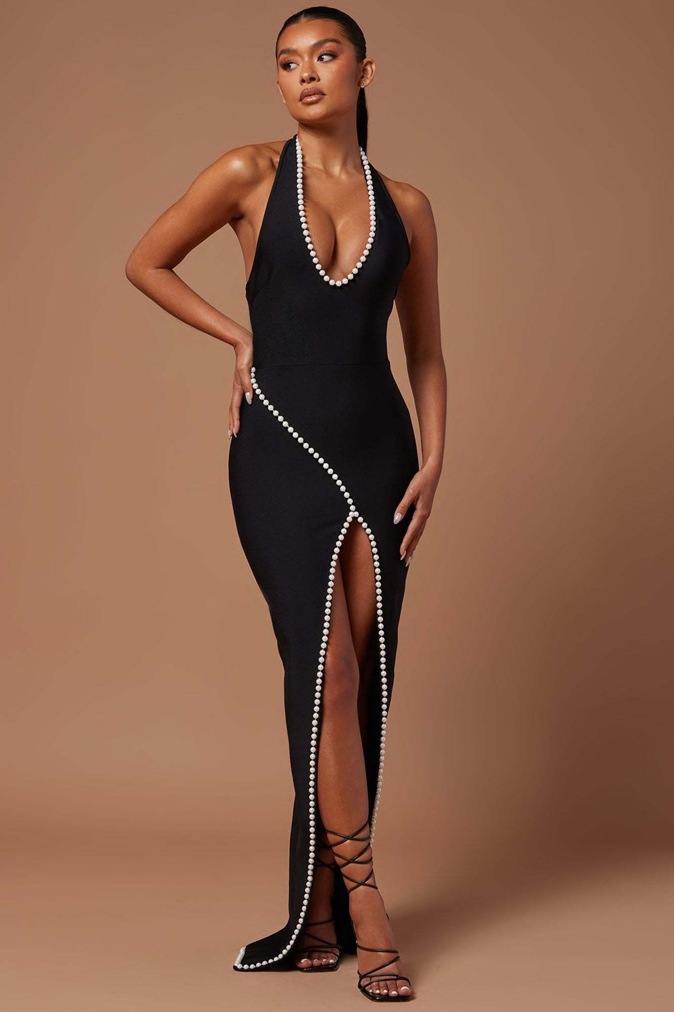 Faux Pearl Trim Halter Neck Split Midi Dress
