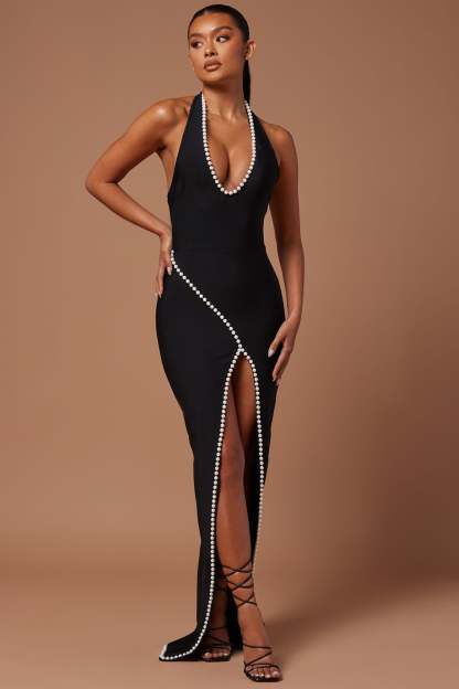 Faux Pearl Trim Halter Neck Split Midi Dress
