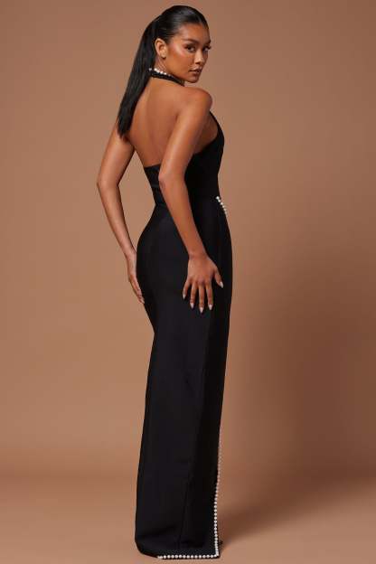 Faux Pearl Trim Halter Neck Split Midi Dress