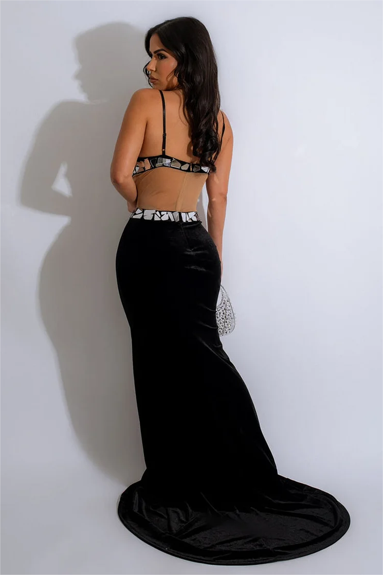 Velvet Splicing Backless Maxi Dress