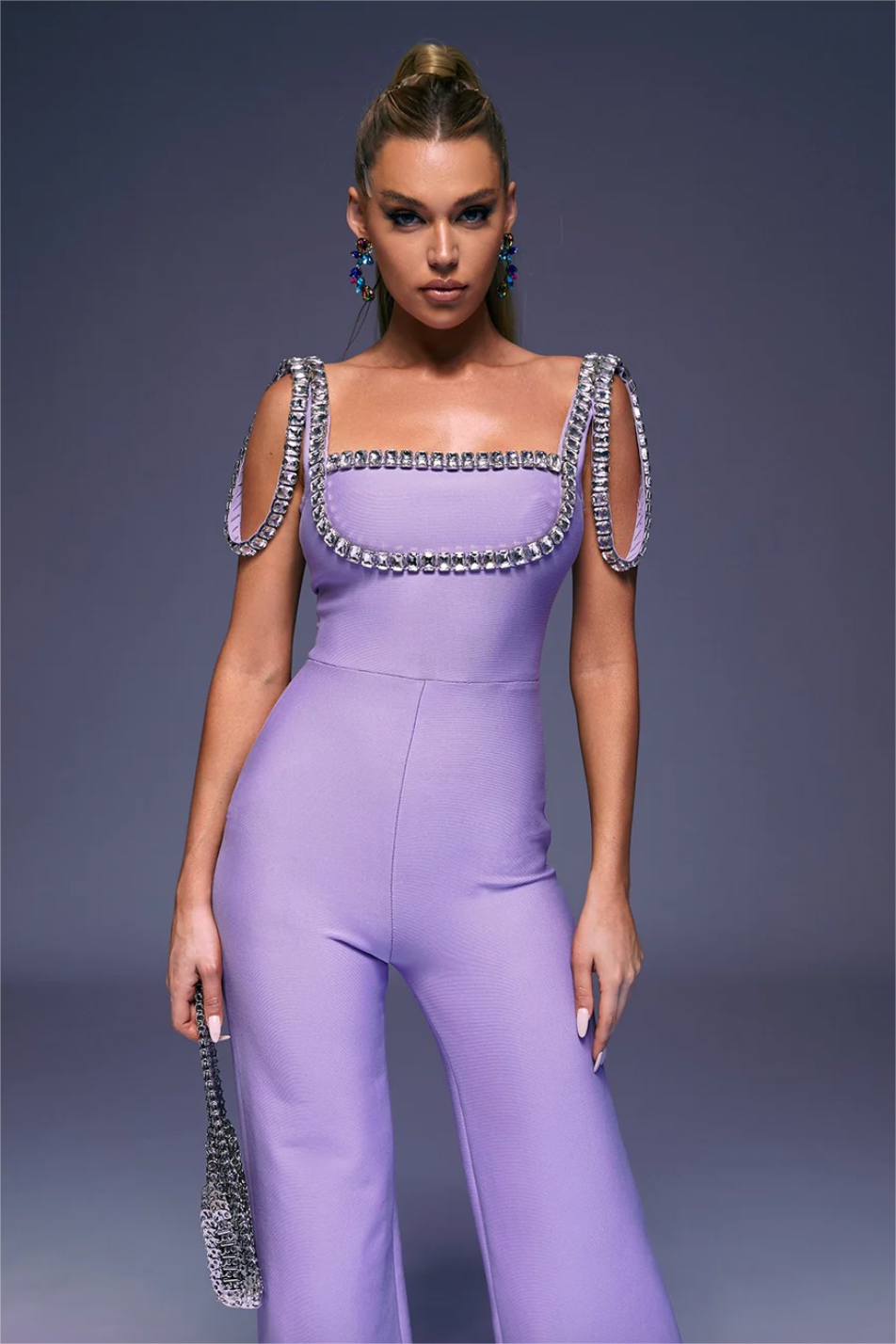 Rhinestone Sleeveless Square Collar High Waist JumpSuit