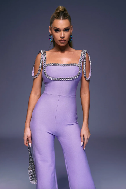 Rhinestone Sleeveless Square Collar High Waist JumpSuit