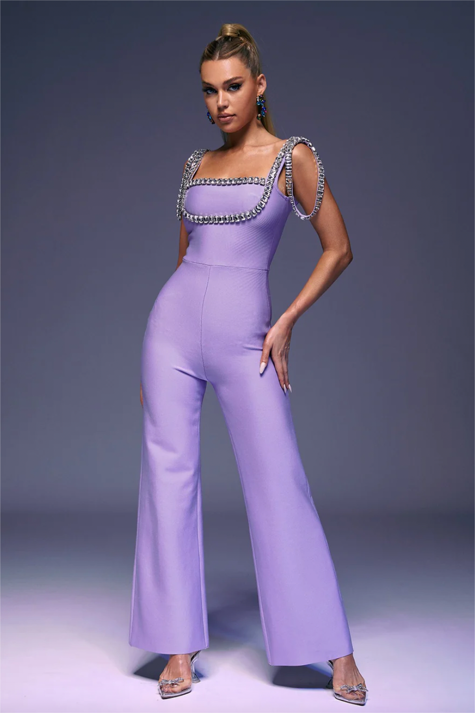 Rhinestone Sleeveless Square Collar High Waist JumpSuit