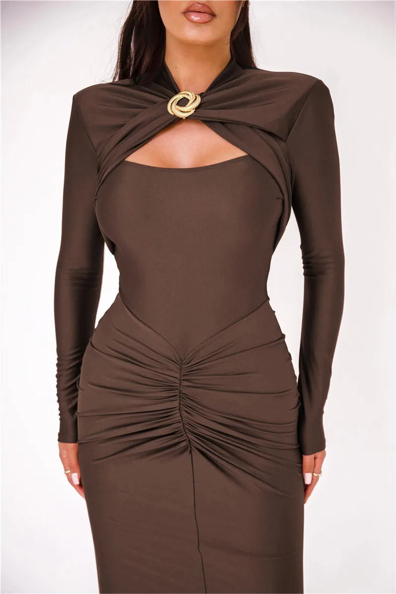 Jersey Cut Out Long Sleeve Ruched Midi Dress