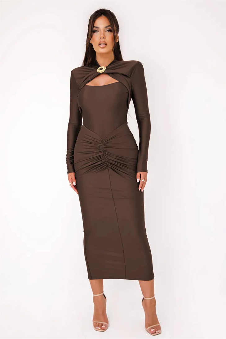 Jersey Cut Out Long Sleeve Ruched Midi Dress