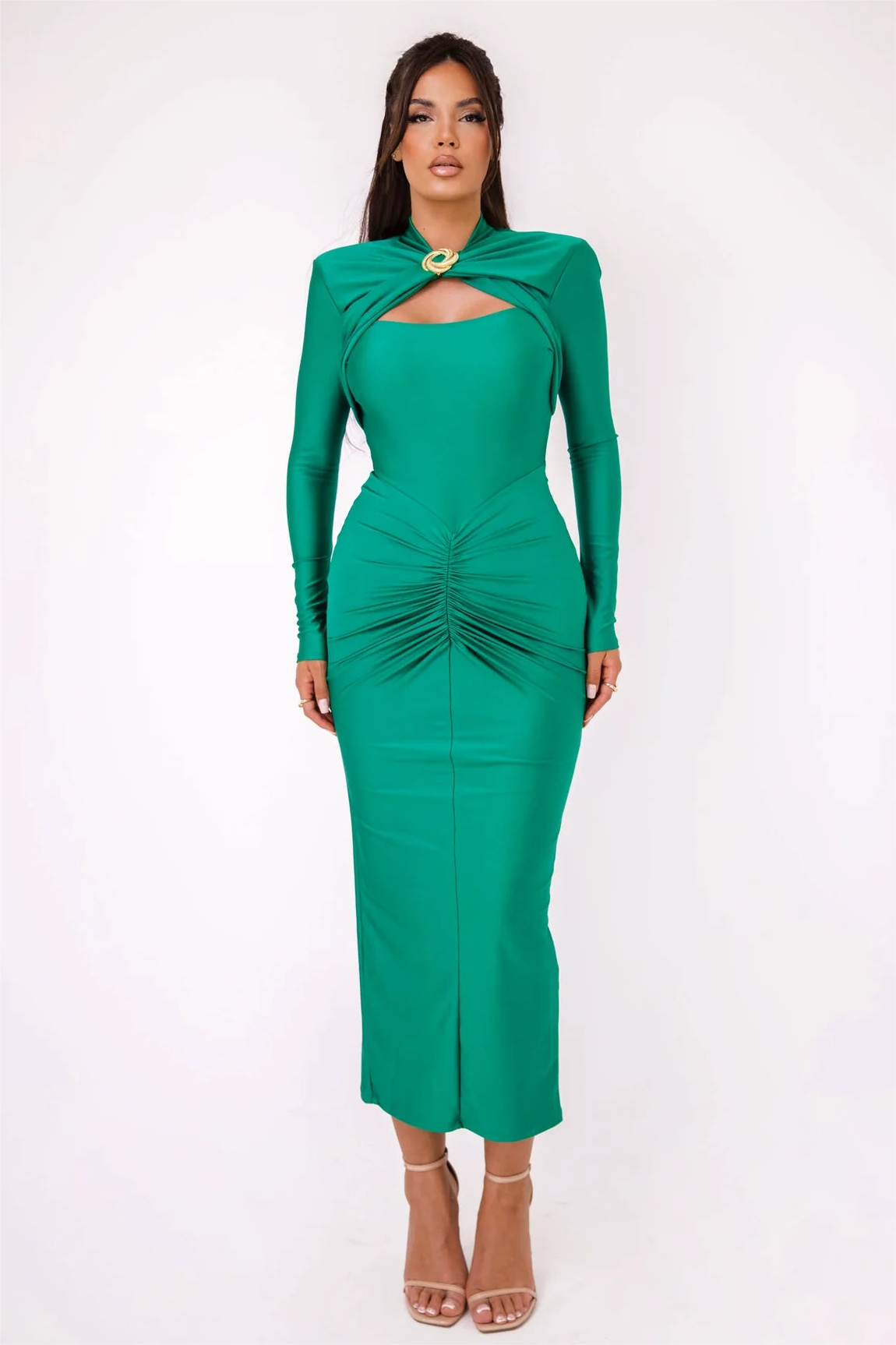 Jersey Cut Out Long Sleeve Ruched Midi Dress