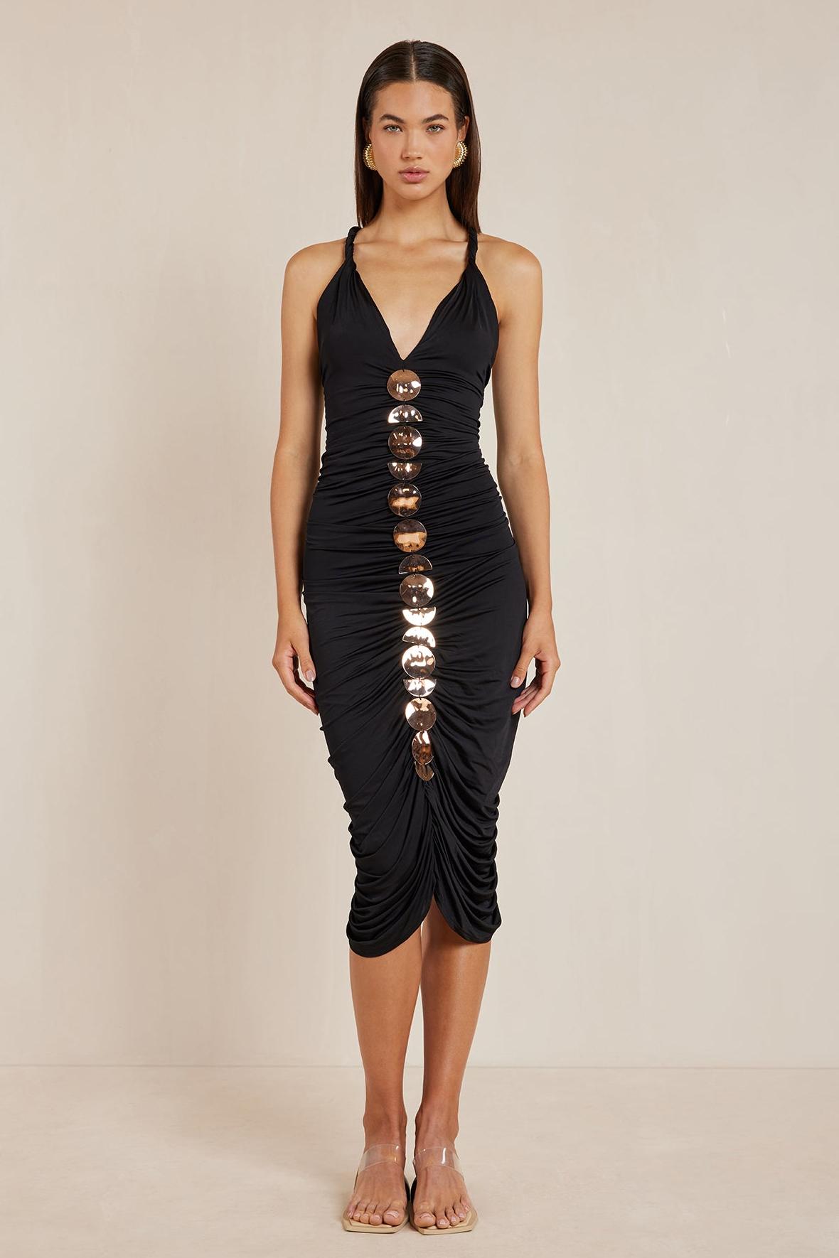 Halter Neck Metal Flake Decoration Ruched Mini Dress