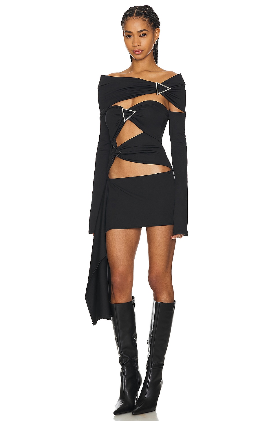 Metal Buckle Long Sleeve Top & Strapless Cut Out Mini Dress Set