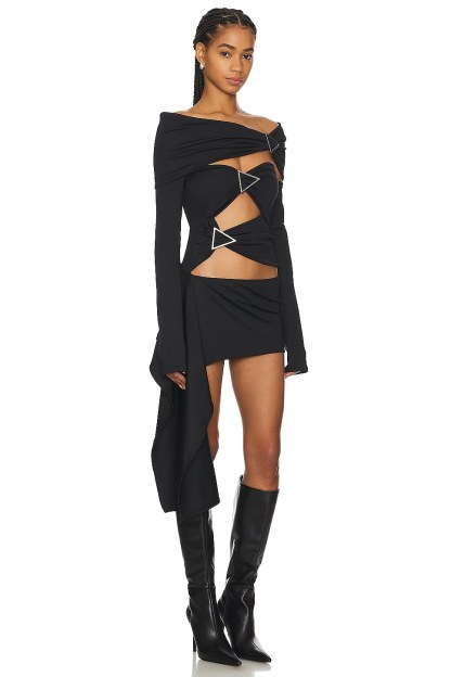 Metal Buckle Long Sleeve Top & Strapless Cut Out Mini Dress Set