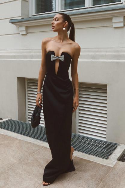 Rhinestone Bow Off Shoulder Cut Out Maxi Dress