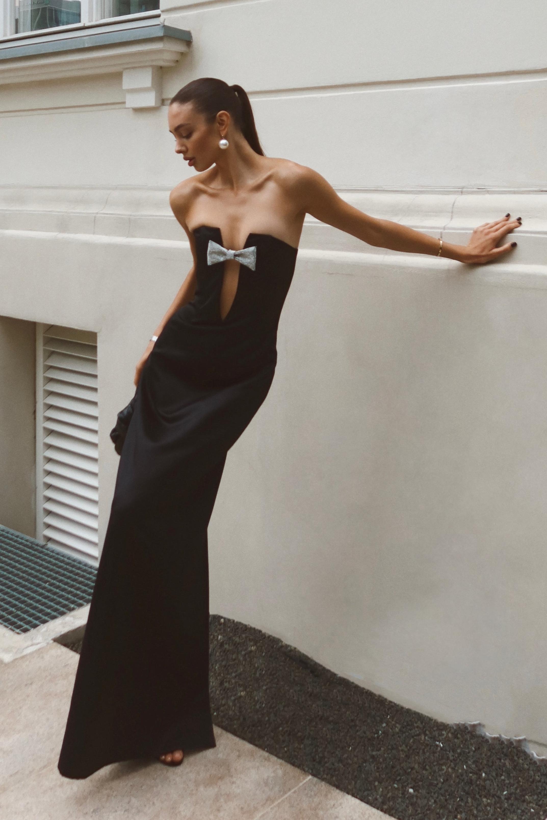 Rhinestone Bow Off Shoulder Cut Out Maxi Dress