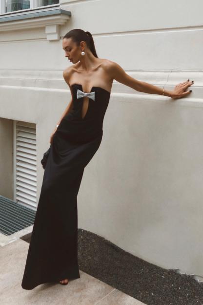 Rhinestone Bow Off Shoulder Cut Out Maxi Dress