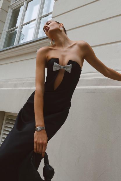 Rhinestone Bow Off Shoulder Cut Out Maxi Dress