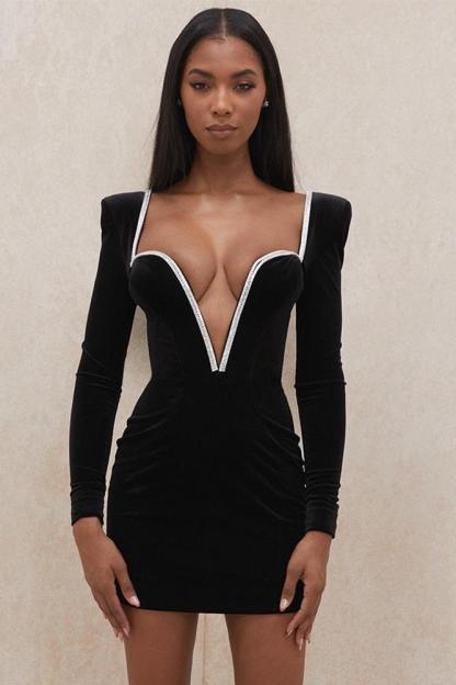 Velvet Rhinestone Long Sleeve Mini Dress