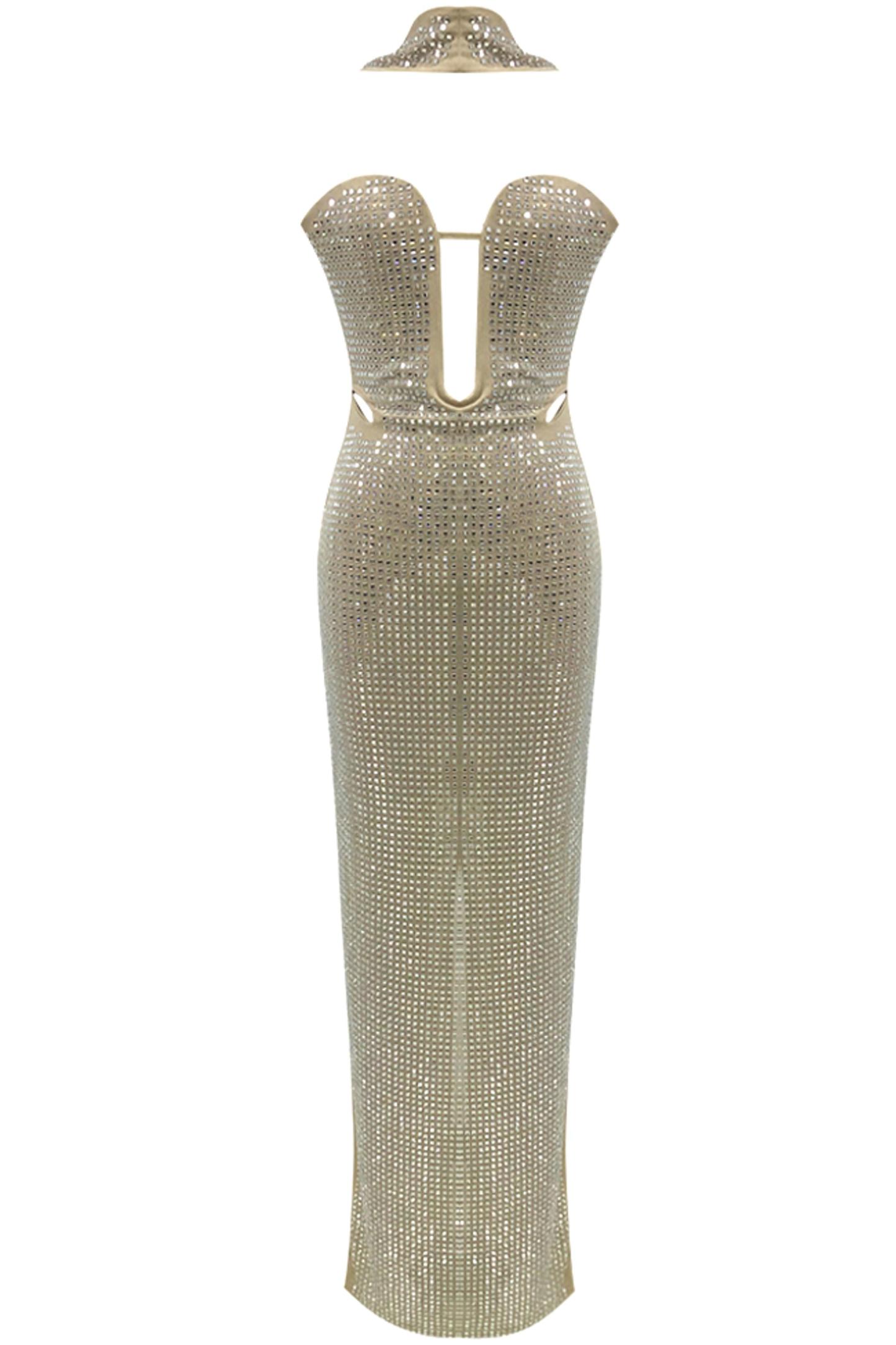 Faux Diamond Off Shoulder Cut Out Maxi Dress