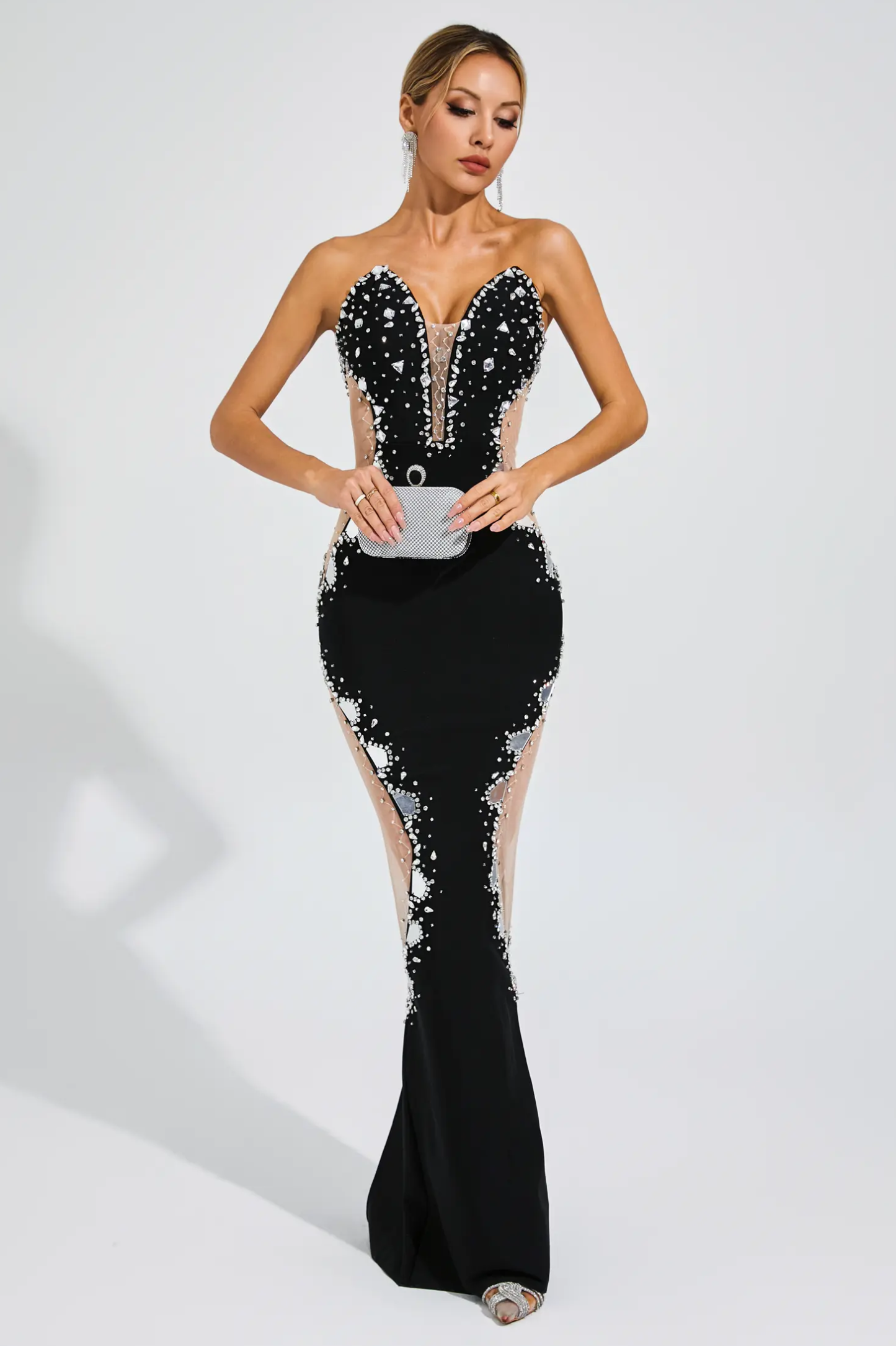 Faux Diamond Off Shoulder Cut Out Maxi Dress