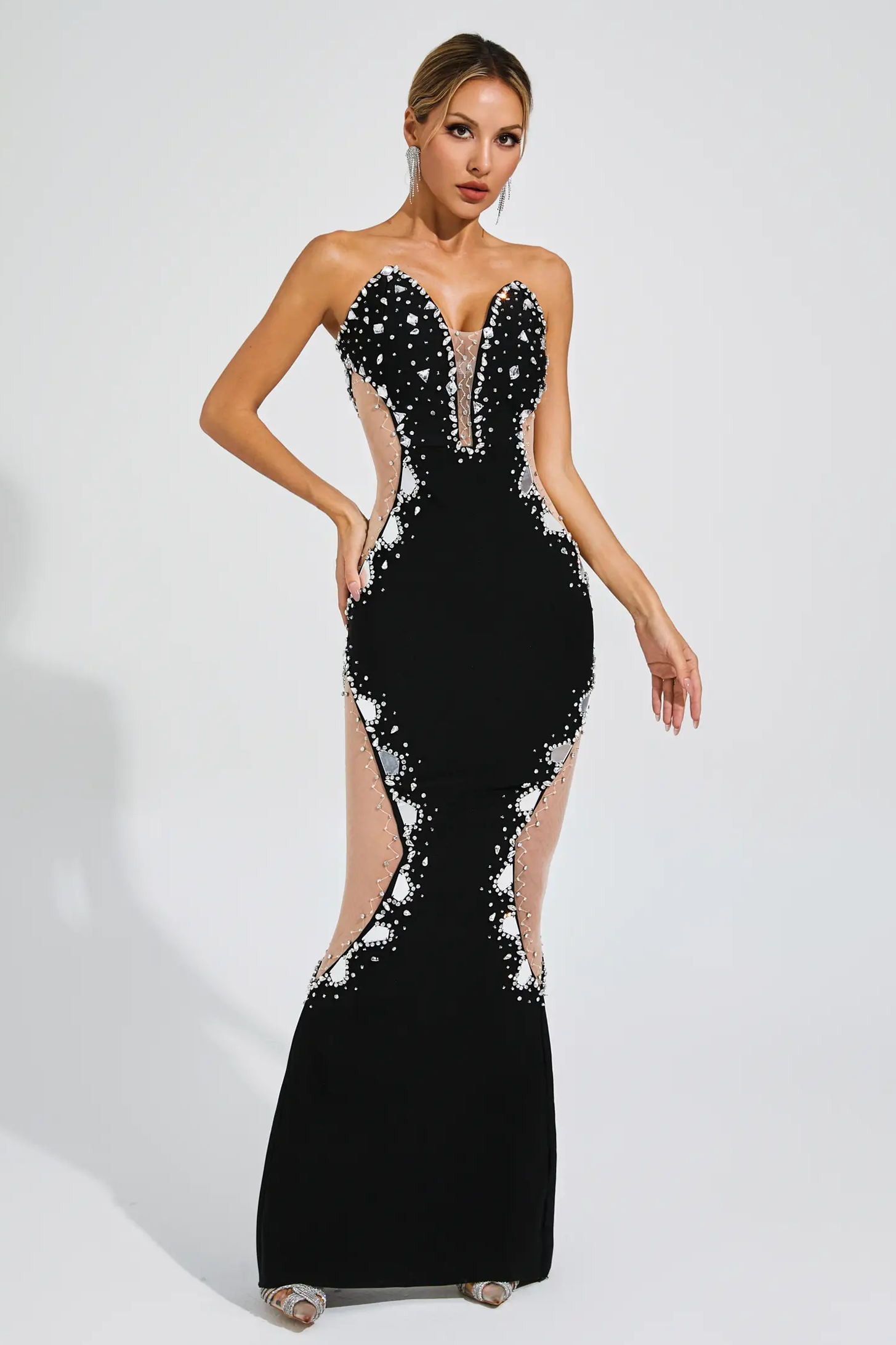 Faux Diamond Off Shoulder Cut Out Maxi Dress