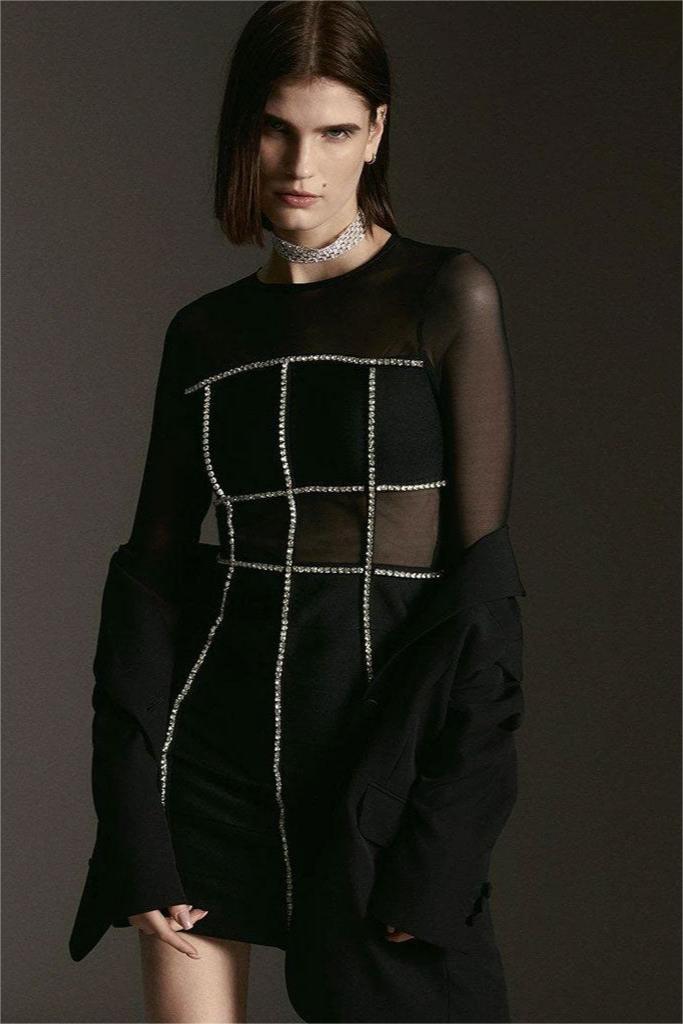 Rhinestone Mesh Splicing Long Sleeve Mini Dress