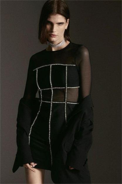 Rhinestone Mesh Splicing Long Sleeve Mini Dress