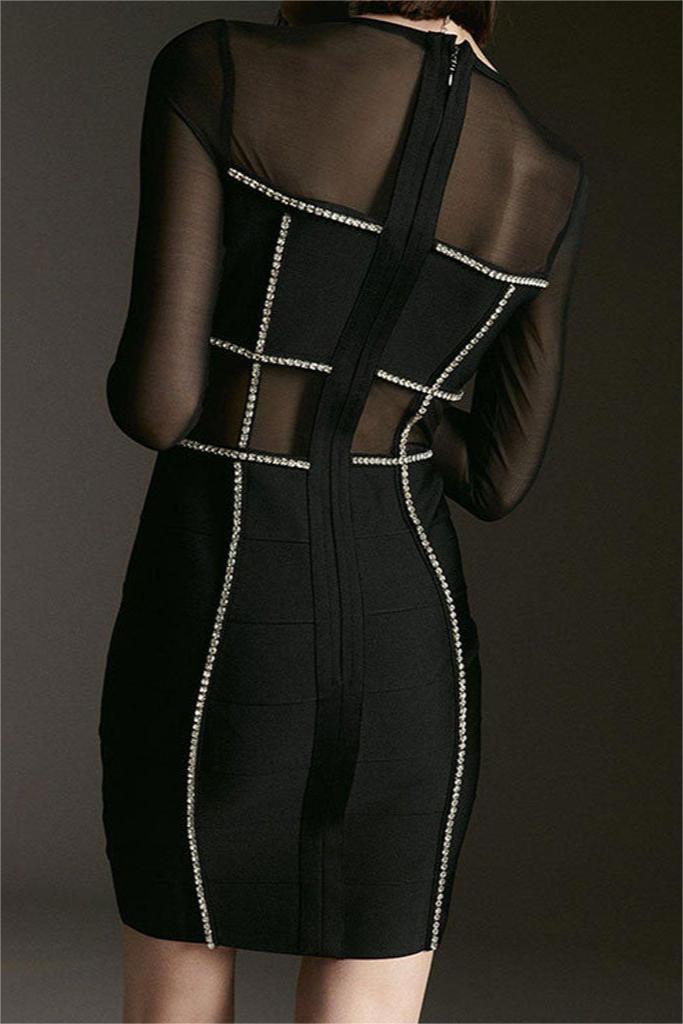 Rhinestone Mesh Splicing Long Sleeve Mini Dress