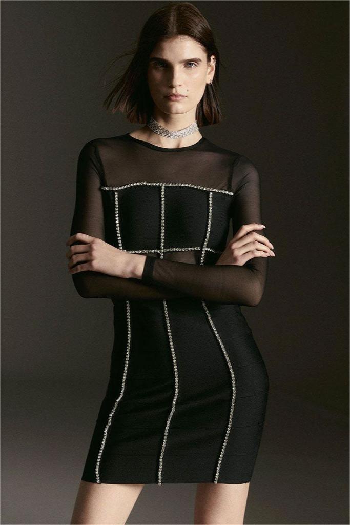 Rhinestone Mesh Splicing Long Sleeve Mini Dress