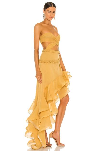 Chiffon Pleat Strapless Cut Out Maxi Dress