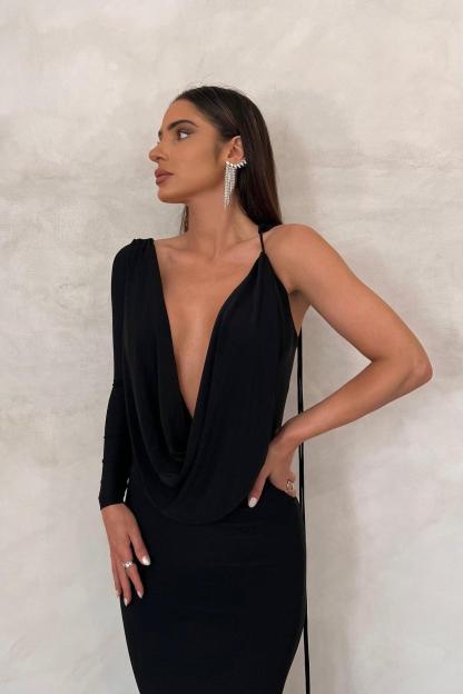 Solid One Shoulder Lace Up Maxi Dress