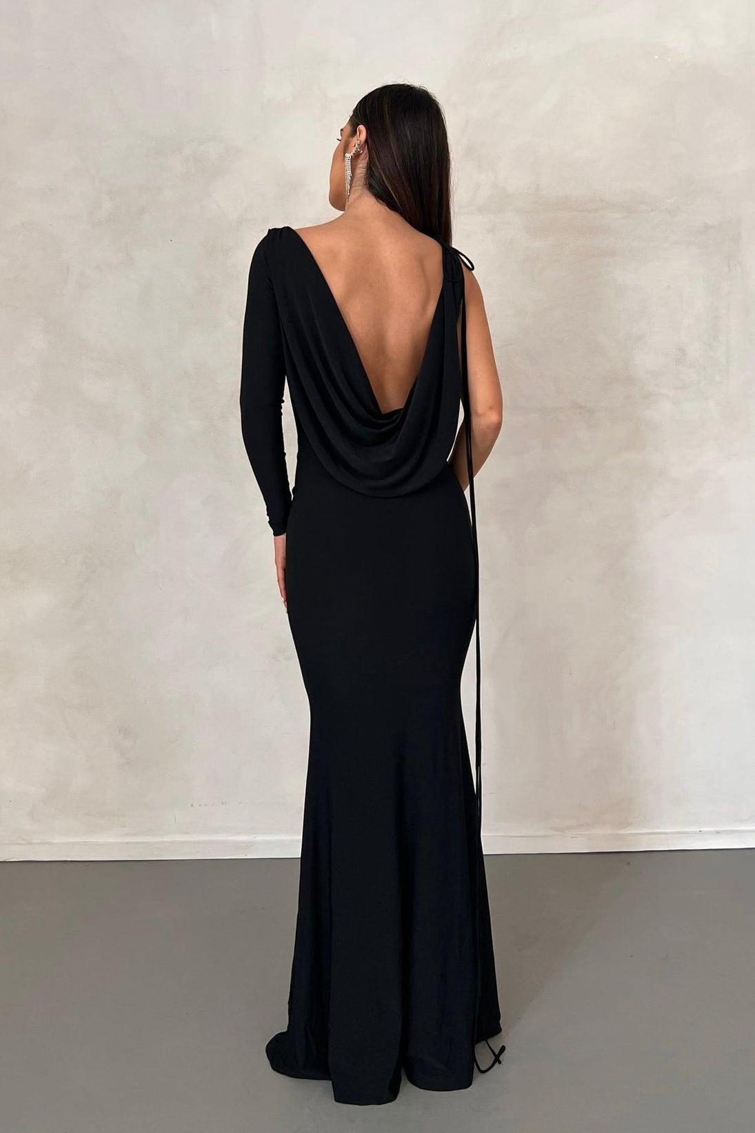 Solid One Shoulder Lace Up Maxi Dress
