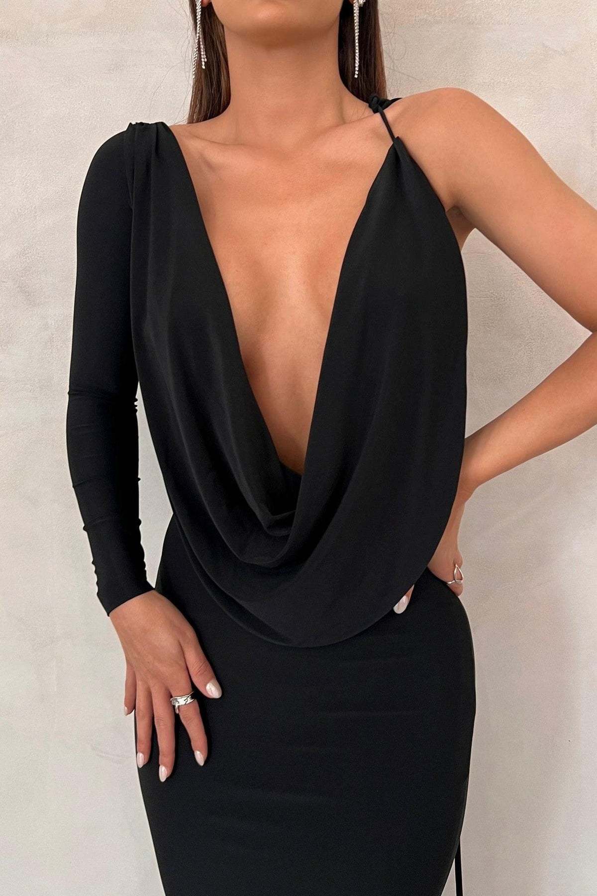 Solid One Shoulder Lace Up Maxi Dress