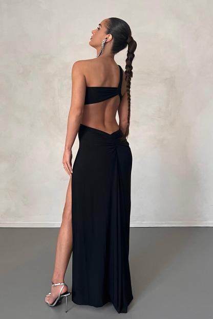 Asymmetrical Shirring Cut Out Midi Dress